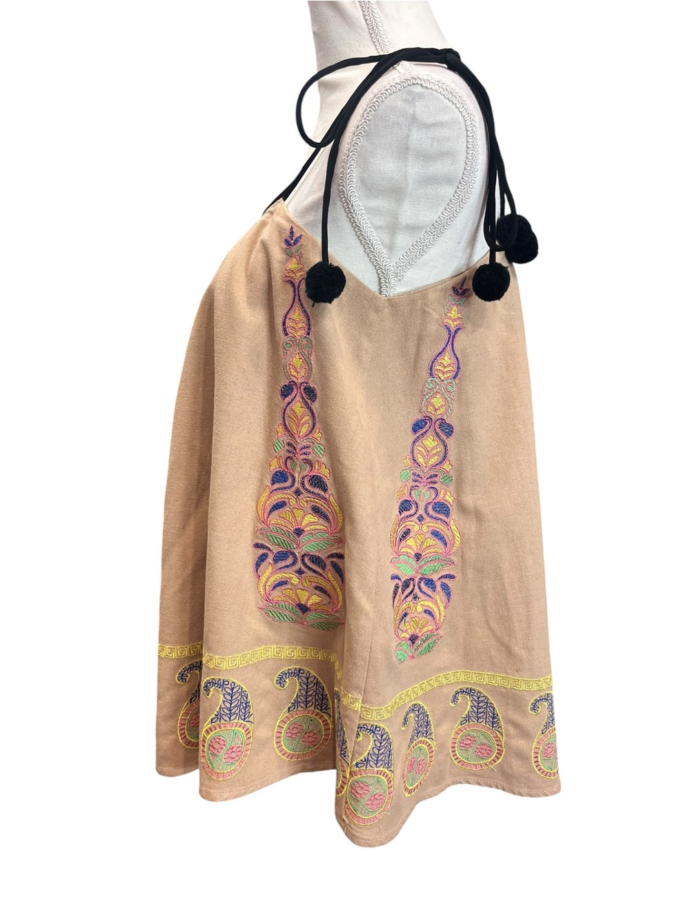 Endless Rose Embroidered Pom Pom Tie Strap Swing Tank Top Boho Festival S - Picture 6 of 10
